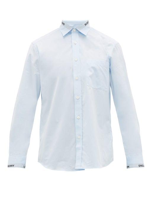 Matchesfashion.com Burberry - Logo Trim Cotton Poplin Shirt - Mens - Light Blue