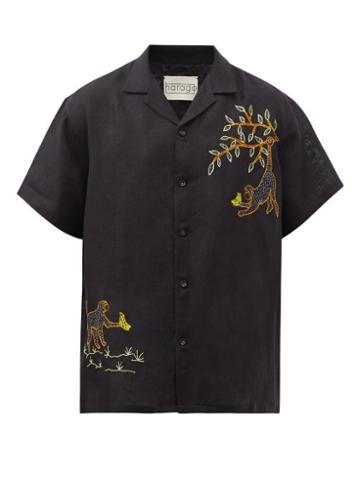 Harago - Langur-embroidered Linen-voile Shirt - Mens - Black Multi