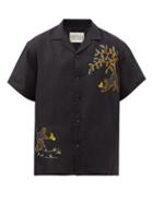 Harago - Langur-embroidered Linen-voile Shirt - Mens - Black Multi