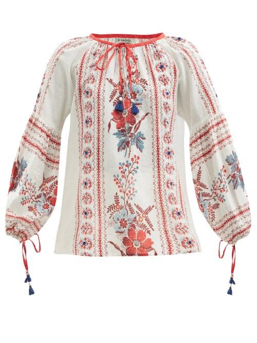Matchesfashion.com D'ascoli - Olga Tasselled Floral-print Cotton-khadi Blouse - Womens - Red Multi
