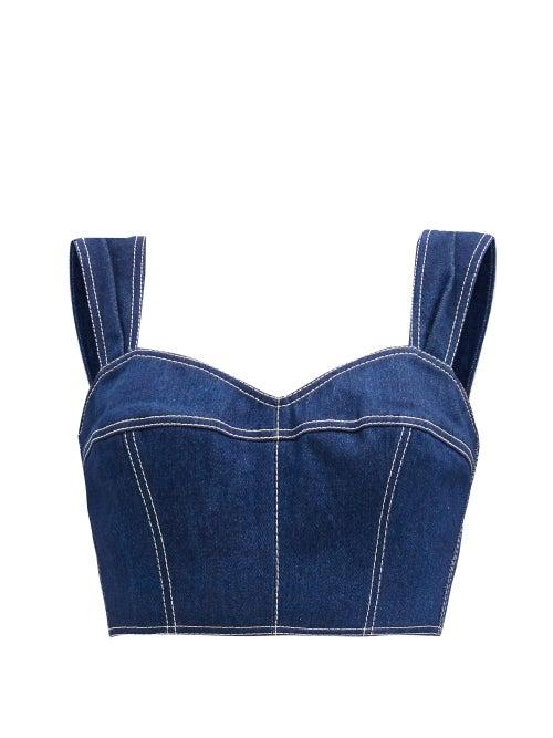 Matchesfashion.com Vika Gazinskaya - Sweetheart-neckline Denim Crop Top - Womens - Denim