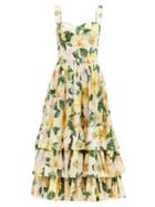 Matchesfashion.com Dolce & Gabbana - Tiered Camellia-print Cotton-poplin Midi Dress - Womens - Yellow Print