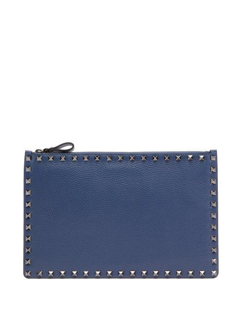 Matchesfashion.com Valentino - Rockstud Pebbled Leather Pouch - Mens - Indigo