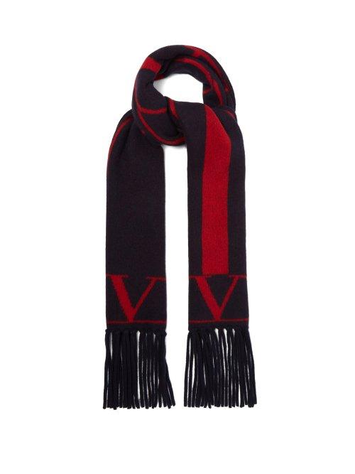 Matchesfashion.com Valentino - Go Logo Fringed Jacquard Cashmere Blend Scarf - Mens - Navy Multi