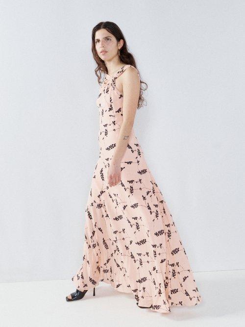 Raey - Sprig-print Knot-front Silk Maxi Dress - Womens - Pink Print