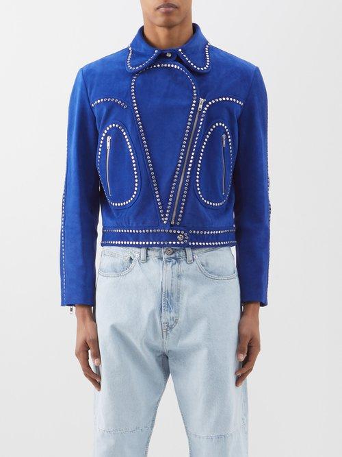 Wales Bonner - Rivet-studded Suede Biker Jacket - Mens - Blue