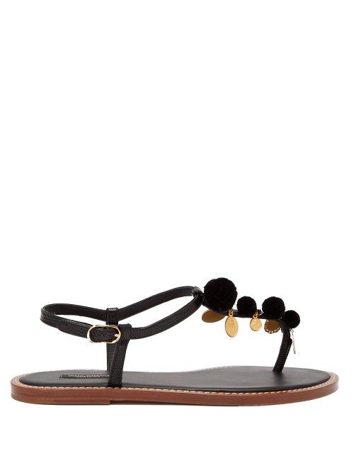 Matchesfashion.com Dolce & Gabbana - Portofino T Bar And Pompom Leather Sandals - Womens - Black