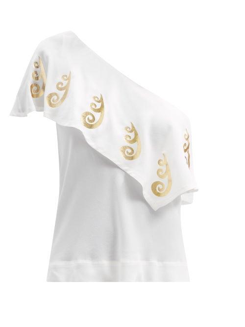 Matchesfashion.com Themis Z - One-shoulder Peacock-print Silk Top - Womens - White