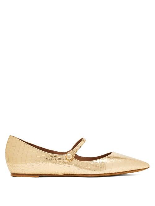 Matchesfashion.com Tabitha Simmons - Hermione Croc-embossed Leather Mary-jane Flats - Womens - Gold