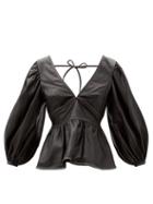 Matchesfashion.com Staud - Luna V-neck Peplum Faux-leather Top - Womens - Black