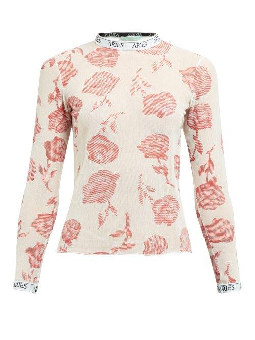 Matchesfashion.com Aries - Rose Print Mesh Top - Womens - White Multi
