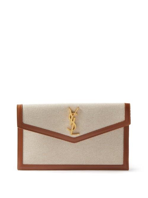 Saint Laurent - Uptown Ysl-monogram Cotton-canvas Pouch - Womens - Beige