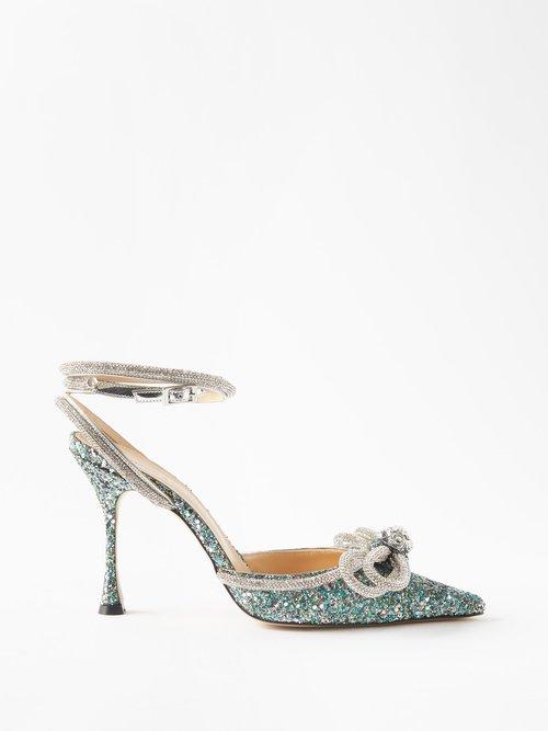 Mach & Mach - Double Bow 100 Crystal And Glitter Pumps - Womens - Green