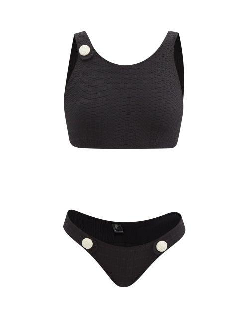 Ladies Beachwear Lisa Marie Fernandez - Buttoned Scoop-neck Textured-jersey Bikini - Womens - Black