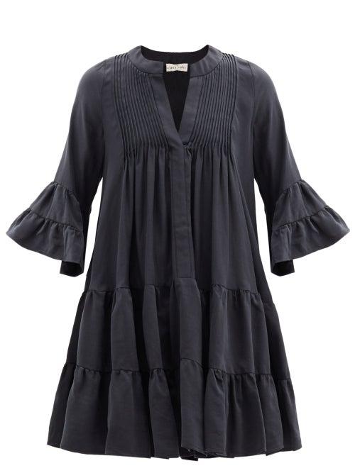 Matchesfashion.com Casa Raki - Delfina Tiered V-neck Twill Mini Dress - Womens - Black
