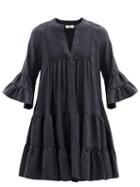 Matchesfashion.com Casa Raki - Delfina Tiered V-neck Twill Mini Dress - Womens - Black
