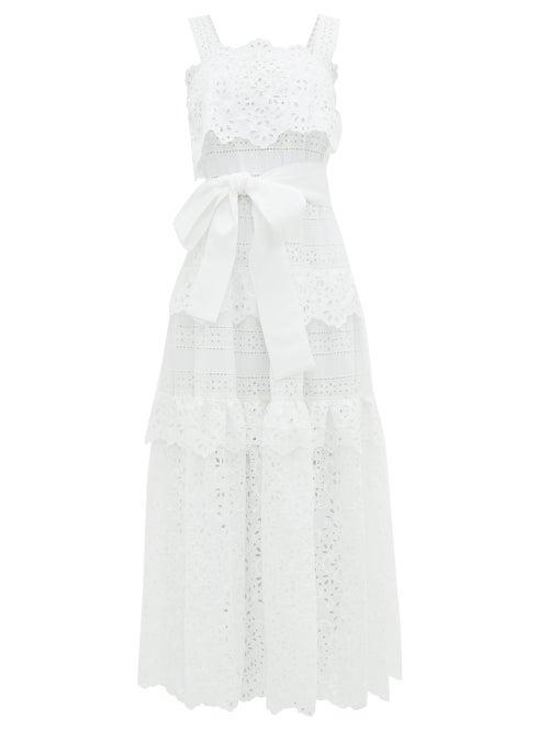 Matchesfashion.com Elie Saab - Broderie Anglaise Cotton Blend Midi Dress - Womens - White