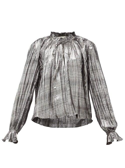 Matchesfashion.com Jonathan Simkhai - Ruffled High Neck Pliss Lam Blouse - Womens - Silver