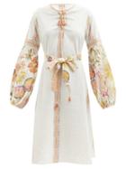 D'ascoli - Fabienne Floral-print Cotton-khadi Midi Dress - Womens - Brown Multi