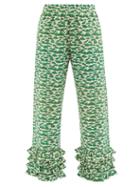 Muzungu Sisters - Talitha Ruffled-cuff Mushroom-print Linen Trousers - Womens - Green Print