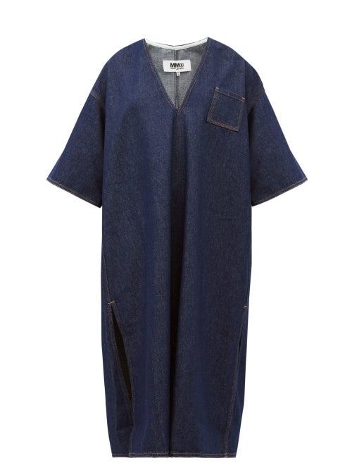 Matchesfashion.com Mm6 Maison Margiela - V-neck Raw-denim Midi Dress - Womens - Dark Denim