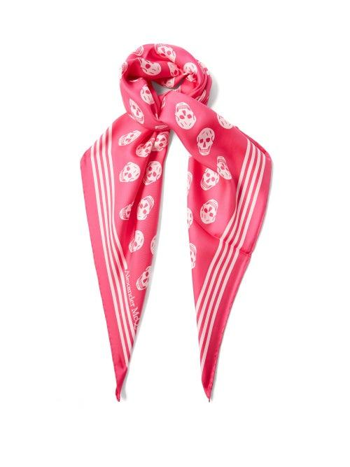 Alexander Mcqueen - Skull-print Silk-faille Scarf - Womens - Pink White