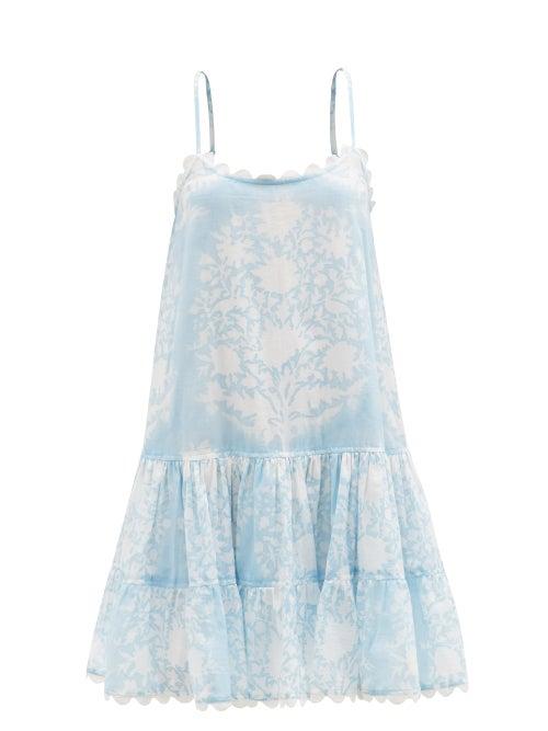Matchesfashion.com Juliet Dunn - Palladio Block-print Cotton-poplin Trapeze Dress - Womens - Light Blue