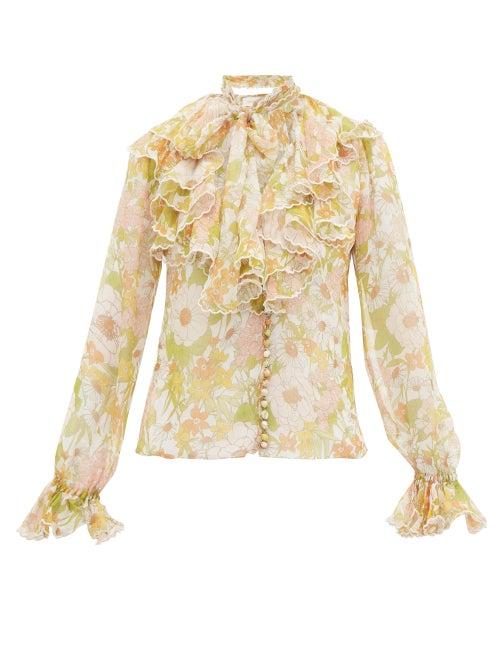Matchesfashion.com Zimmermann - Super Eight Ruffled Pussy-bow Silk Blouse - Womens - Pink Multi