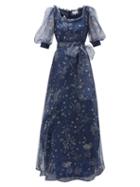 Matchesfashion.com Luisa Beccaria - Puff-sleeve Floral-print Silk-organza Gown - Womens - Blue