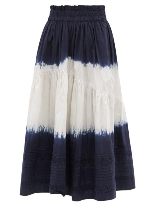 Sea - Everlyn Tie-dye Cotton-poplin Midi Skirt - Womens - Navy Print