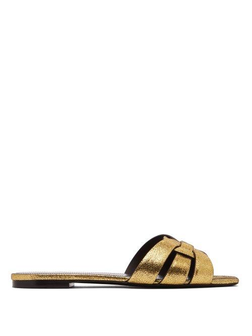 Matchesfashion.com Saint Laurent - Tribute Nu Pieds Metallic Leather Slides - Womens - Gold