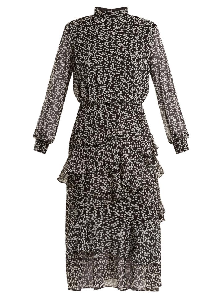 Saloni Isa Knot-print Ruffle-trimmed Silk Dress