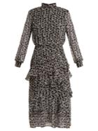 Saloni Isa Knot-print Ruffle-trimmed Silk Dress