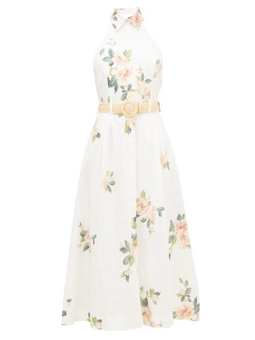 Matchesfashion.com Zimmermann - Kirra Halterneck Floral-print Linen Dress - Womens - White Print