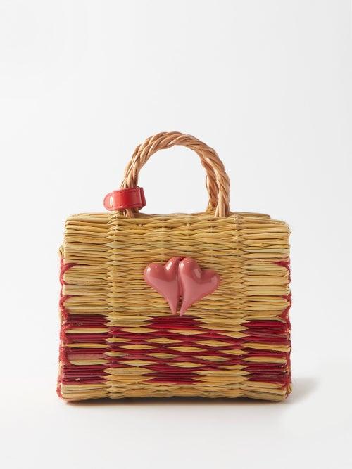 Heimat Atlantica - Chacha Mini Porcelain Heart Rattan Basket Bag - Womens - Red Multi