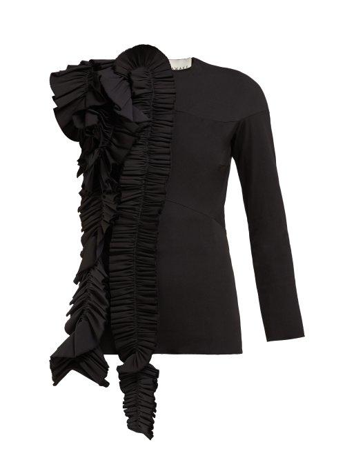 Matchesfashion.com A.w.a.k.e. - Ruffled Asymmetric Wool Blend Top - Womens - Black