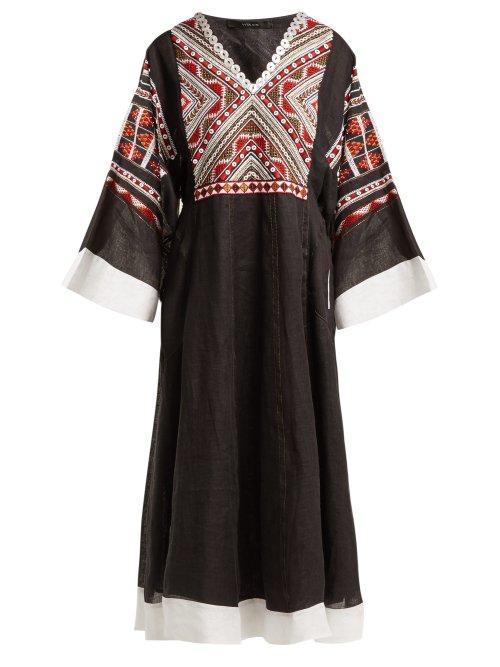 Matchesfashion.com Vita Kin - Malta Embroidered Linen Midi Dress - Womens - Black Multi