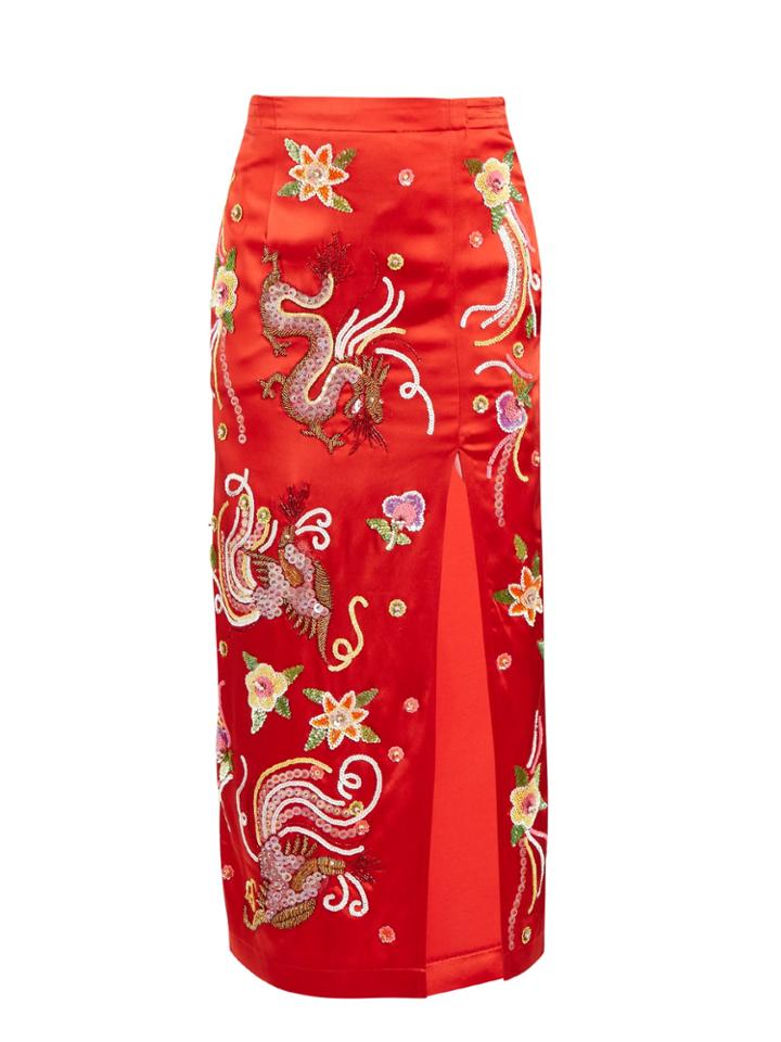 Attico Embroidered-dragon Satin Skirt