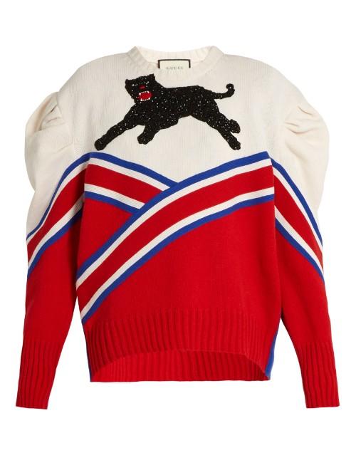 Gucci Panther-appliqu Pleated-shoulder Wool Sweater