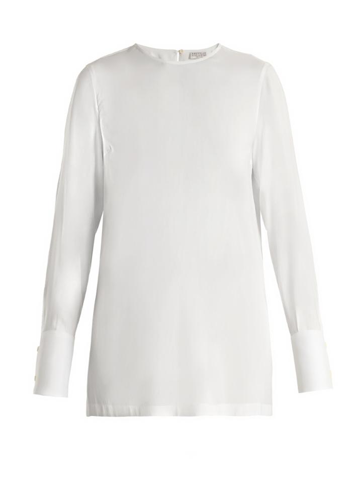 Brunello Cucinelli Embellished-cuff Silk-blend Habotai Blouse