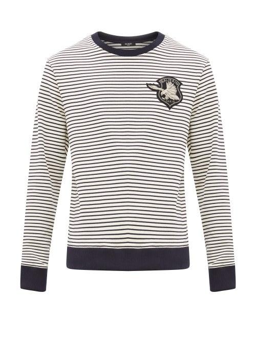Matchesfashion.com Balmain - Embroidered Crest Striped Cotton Sweater - Mens - Navy