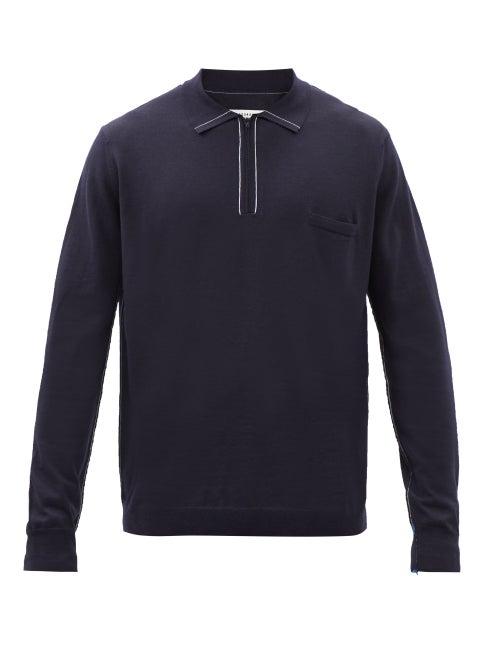 Maison Margiela - Contrast-stitch Wool-blend Polo Shirt - Mens - Navy