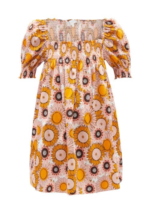 Borgo De Nor - Jane Shirred Sunflower-print Cotton Mini Dress - Womens - Pink