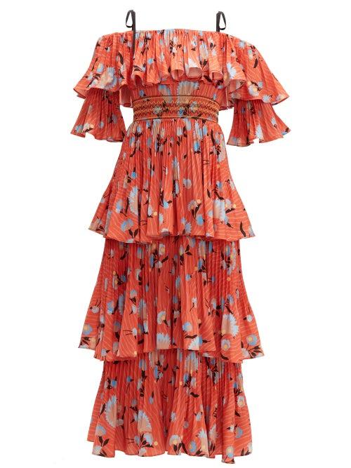 Matchesfashion.com Self-portrait - Botanical Print Tiered Midi Dress - Womens - Red Multi