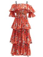 Matchesfashion.com Self-portrait - Botanical Print Tiered Midi Dress - Womens - Red Multi