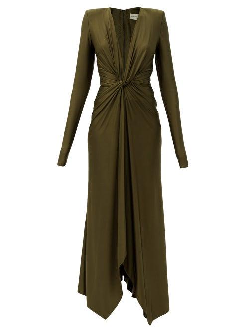 Matchesfashion.com Alexandre Vauthier - Plunge-neck Gathered Jersey Midi Dress - Womens - Khaki