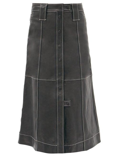 Matchesfashion.com Ganni - Slit-hem Topstitched Leather Midi Skirt - Womens - Black