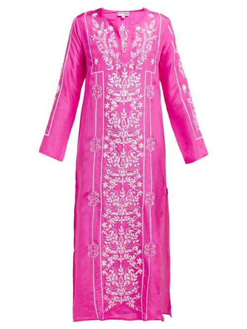 Matchesfashion.com Juliet Dunn - Lotus Embroidered Silk Satin Kaftan - Womens - Dark Pink