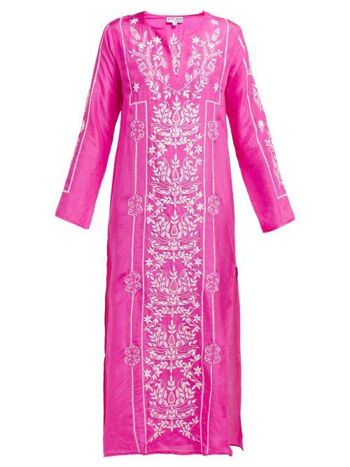 Matchesfashion.com Juliet Dunn - Lotus Embroidered Silk Satin Kaftan - Womens - Dark Pink