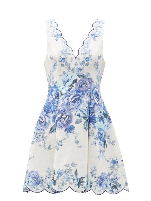 Ladies Beachwear Zimmermann - Aliane Scalloped Floral-print Mini Dress - Womens - Blue White
